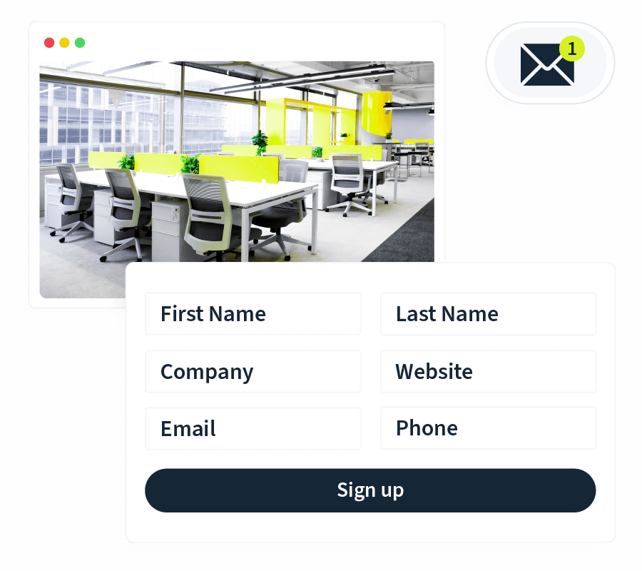sign up sheet with fields for First and Last Name, Company, Website, Email and Phone