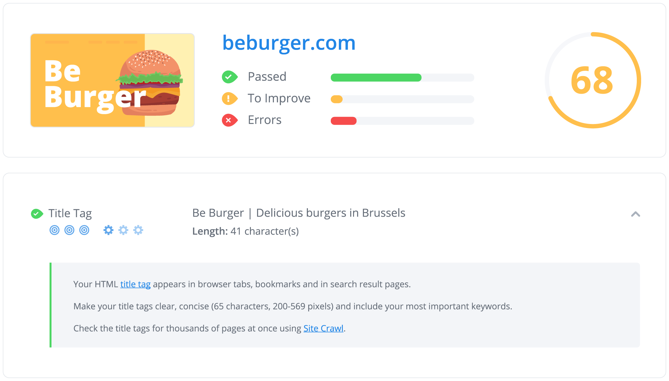 woorank project review with 68 score and title tag criteria green